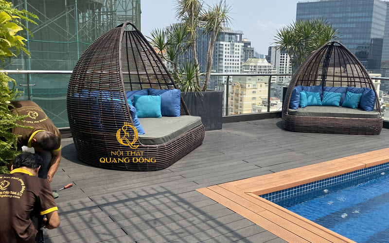Giường tắm nắng mây nhựa phù hợp không gian nghỉ dưỡng, resort