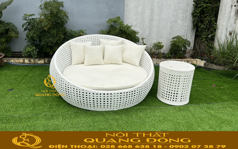 Giường tăm nắng giả mây thiết kế dáng tròn, đan thủ công tỉ mỉ