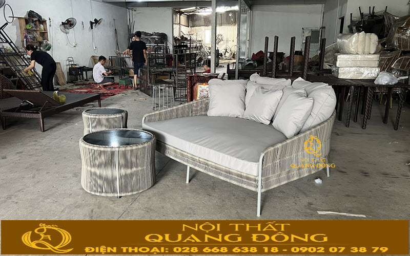 Giường tắm nắng sử dụng sợi mây nhựa tròn cao cấp, bền bỉ