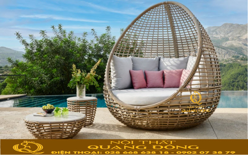 Giường tắm nắng giả mây đan thủ công, chống nắng mưa hiệu quả Giường thư giãn giả mây dùng cho không gian ngoài trời