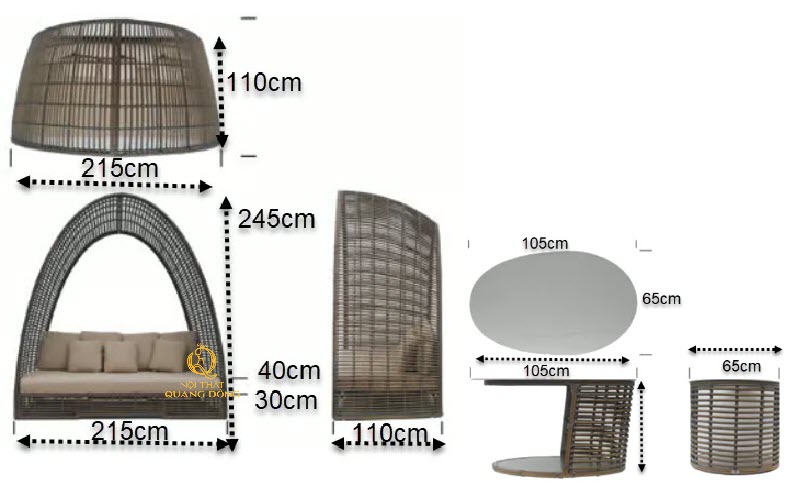 Kích thước chi tiết của bộ sofa giả mây QD-708