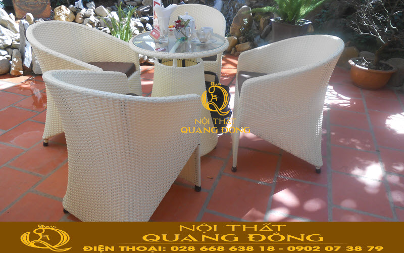 Bàn ghế cafe giả mây QD-098 mang gam màu trắng tinh khôi sang chảnh