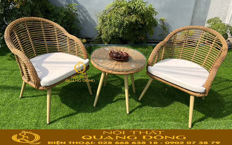 Mẫu bàn ghế giả mây QD-2046 đan sợi mây nhựa tròn siêu bền đẹp cho sân vườn, ngoài trời