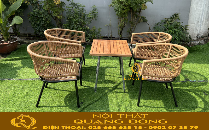 Bàn ghế giả mây QD-2101 điếm nhẫn cho mô hình cafe sân vườn, ngoài trời