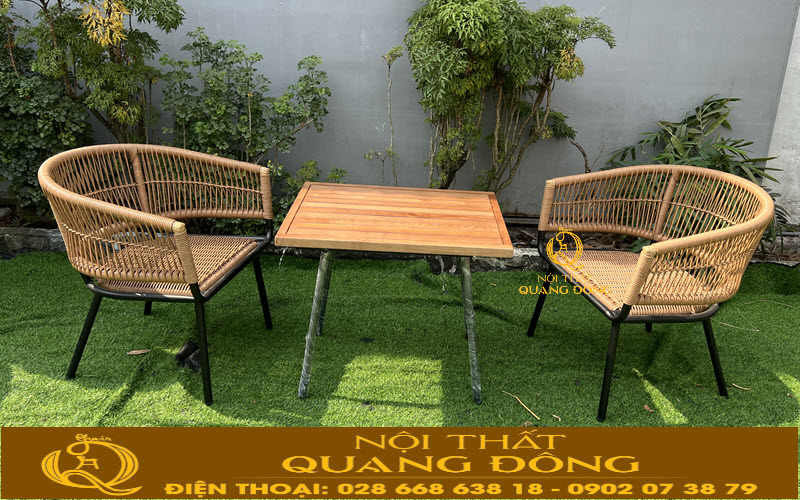 Bàn ghế giả mây QD-2101 đan bằng sợi mây nhựa tròn cao cấp