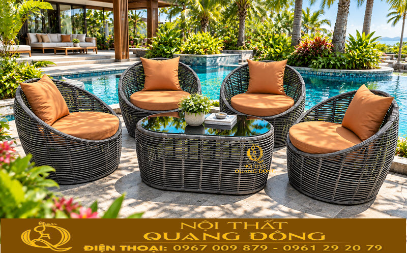 Bàn ghế mây nhựa QD-2117 sang trọng bên hồ bơi