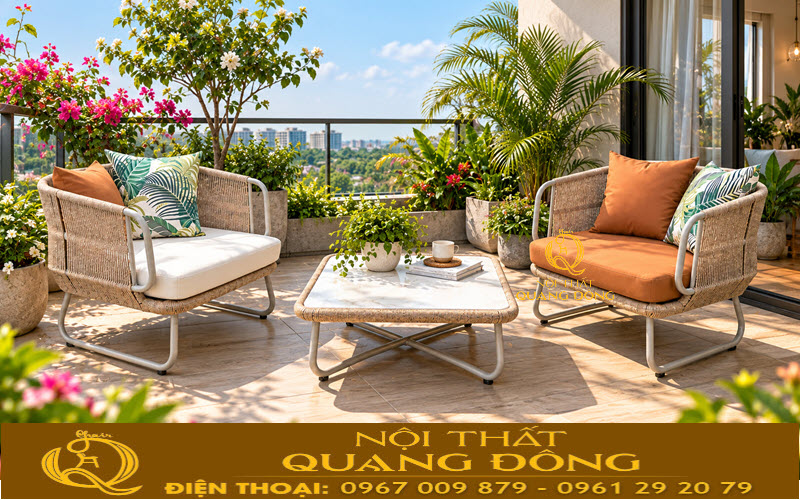 Bàn ghế mây nhựa QD-2118 kết hợp nệm ngồi êm ái, thoải mái Bàn ghế mây nhựa QD-2118 với mê ngồi rộng rãi, thoải mái