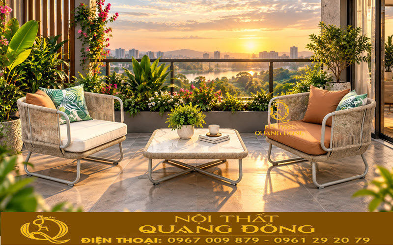 Bàn ghế giả mây QD-2118 có khả năng chống chịu mọi điều kiện thời tiết Bàn ghế mây nhựa QD-2118 nổi bật ở không gian sân vườn