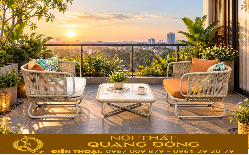 Combo 2 ghế 1 bàn sang trọng, tinh tế của bàn ghế mây nhựa QD-2118 Bàn ghế mây nhựa QD-2118 thiết kế gọn gàng, tinh tế