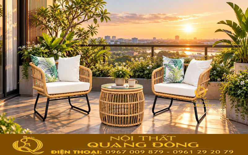 Bàn ghế mây nhựa QD-2119 đan thủ công chắc chắn, tỉ mỉ