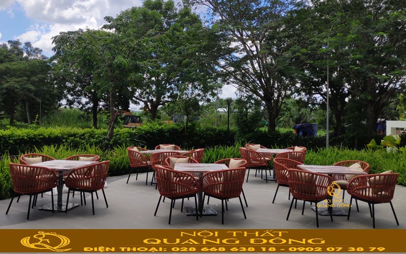Bàn ghế giả mây sử dụng chất liệu cao cấp chuyên dụng ngoài trời Bàn ghế cafe ngoài trời đan dây dù cao cấp